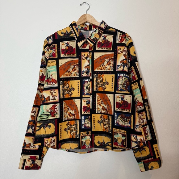 Vintage Tops - Vintage Made in USA 100% Cotton Cowboy Western Button Down post card print XL